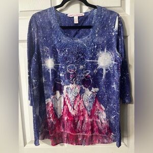 Leoma Lovegrove Pullover Top Women's Size Petite Large PL Angel Print 3/4 Sleeve